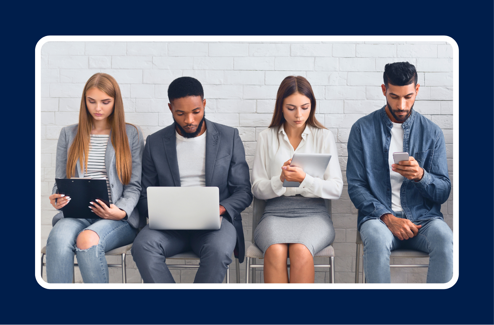 Four job seekers sit in a row with laptops, tablets, and phones in hand, preparing for interviews. The image represents the challenges of waiting during a job hunt and highlights the importance of long-term job search strategies to stay focused and motivated.