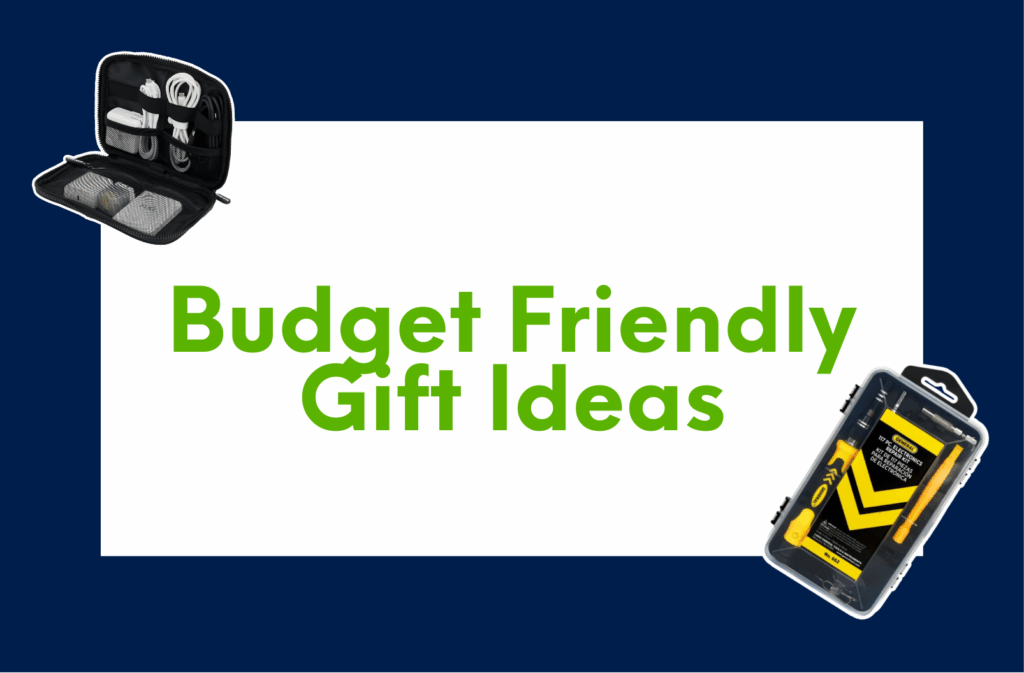Graphic titled “Budget Friendly Gift Ideas” featuring two items from the best tech gifts of 2025 list: a compact travel tech organizer on the left and an essential electronics repair kit on the right, displayed on a white background with navy borders and bright green text.