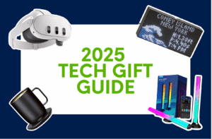 A graphic titled “2025 Tech Gift Guide” featuring several of the best tech gifts of 2025, including a VR headset, an LED ticker display, smart light bars, and a temperature-controlled Ember mug, arranged around bold green text on a navy and white background.