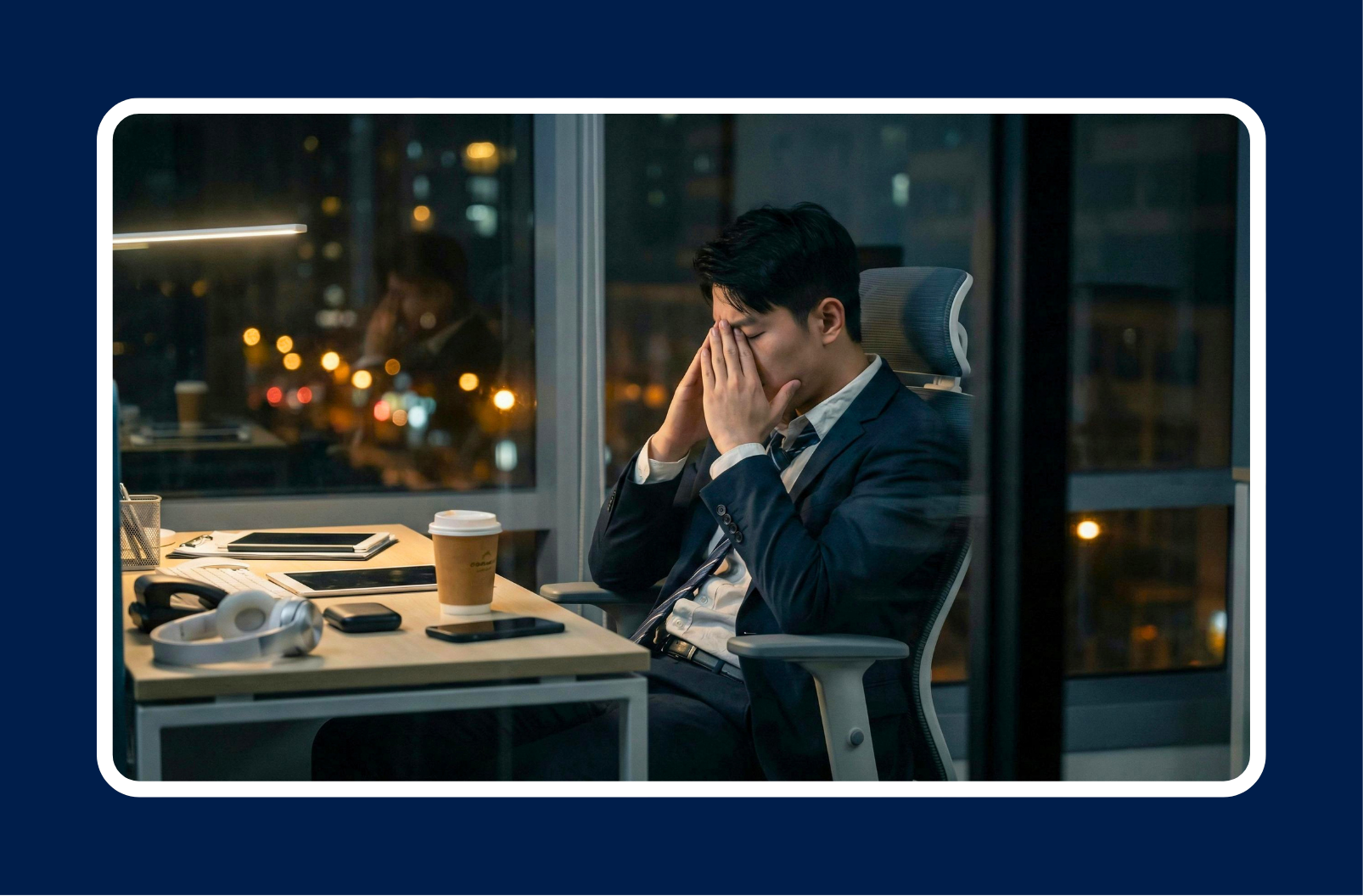 Professional sitting at desk at night feeling stressed, representing a career plateau in tech